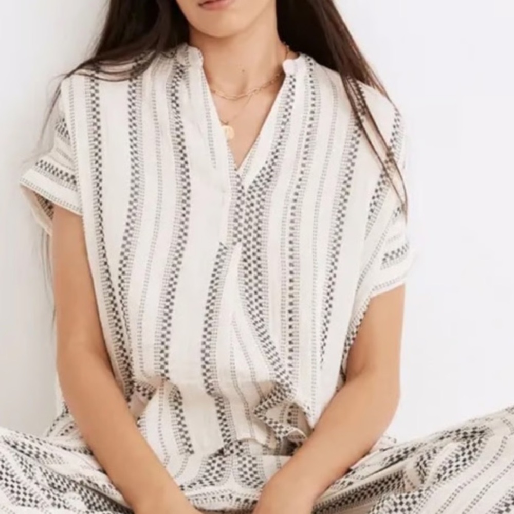 Madewell Women’s Ivory Navy Popover Short Sleeve Textured Cotton Tunic Top S